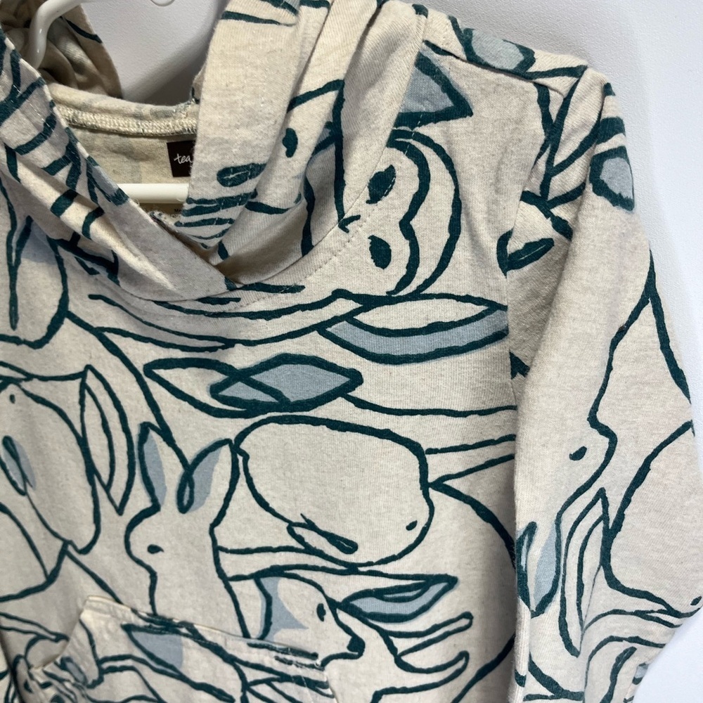 Tea 5T Bunny Owl Fox Nature Patterned Cream and Teal Long Sleeve Cotton Hoodie - Picture 6 of 11